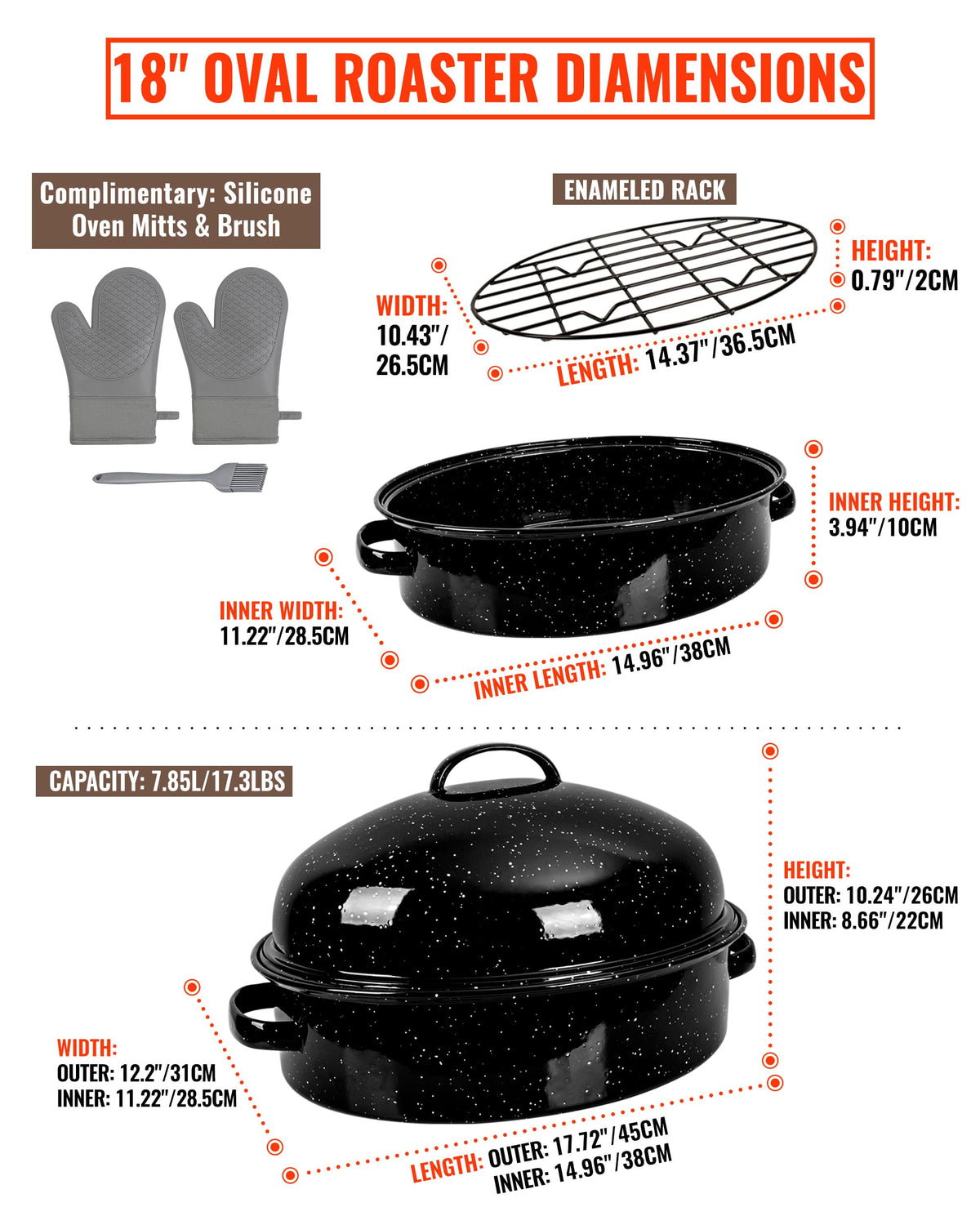 MCCSI Enamel Roasting Pan with Lid and Rack, 18 Inch Oval, Black Granite