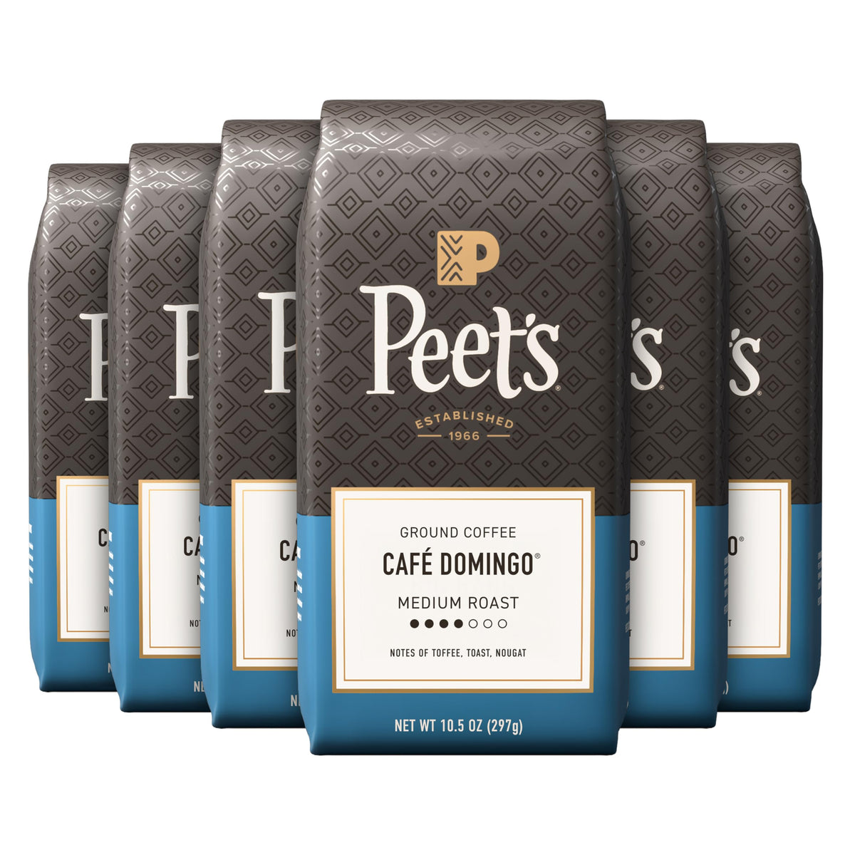 Ground Coffee Medium Roast by Peet's Coffee – 10.5 Ounce (Pack of 6), Cafe Domingo, Pack of 6, Model Coffee-Ground Coffee 63oz - Ground Coffee