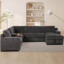 U-Shaped Sectional Sofa Bed Pull Out Sleeper Couch with Storage Chaise in Brown