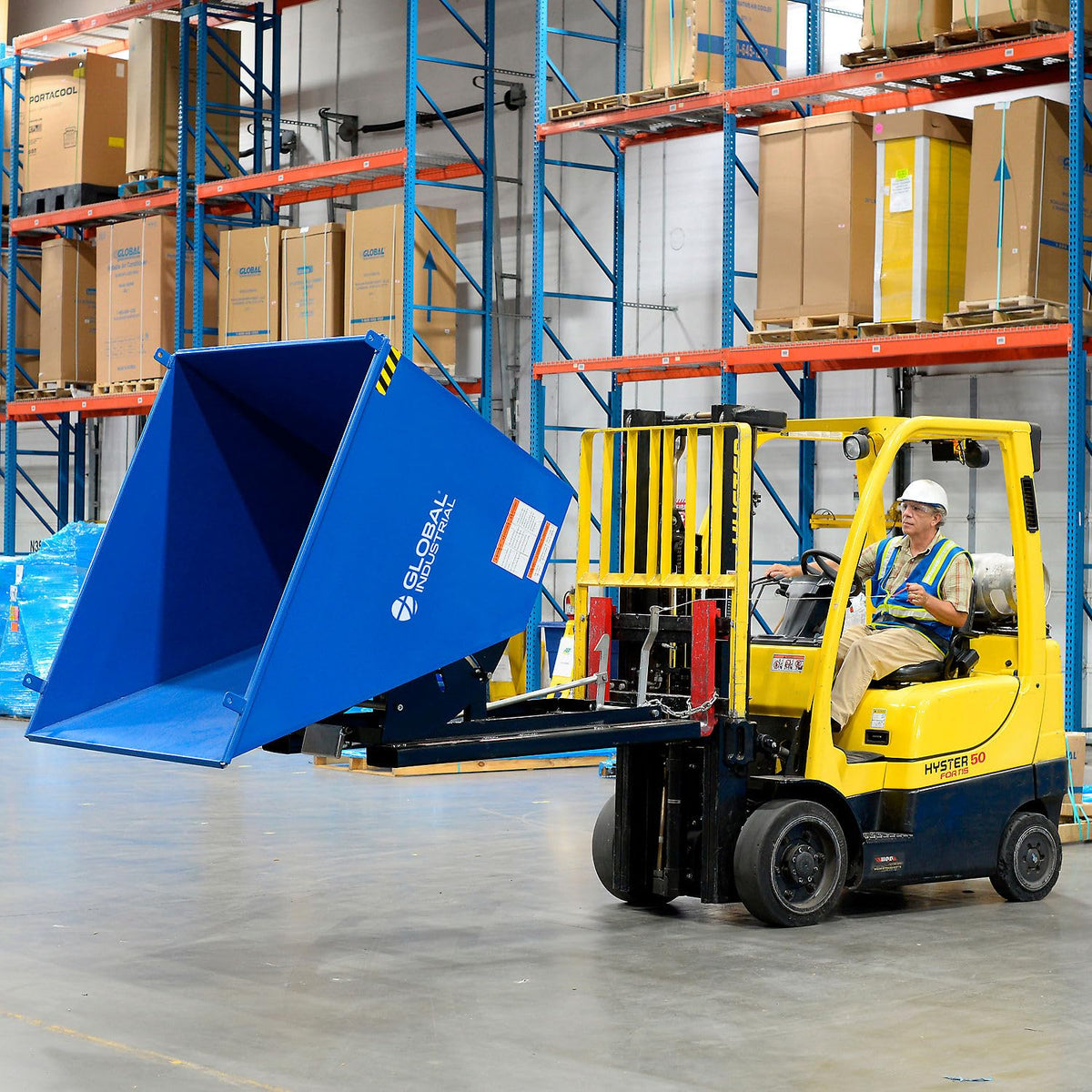 Steel Self-Dumping Forklift Hopper with Bump Release by Global Industrial – 61.62"L x 41.31"W x 42.69"H, 1.0 cubic_yards, Alloy Steel, Blue & Black, Model 989024