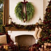 APUDWN Norfolk Pine Wreath, 24 Inch Diameter, Green with Burgundy Bow