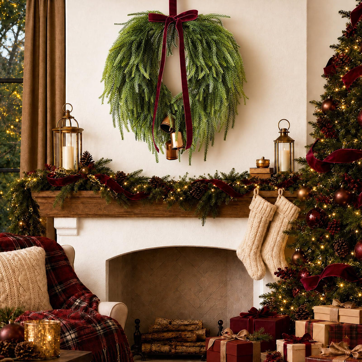 APUDWN Norfolk Pine Wreath, 24 Inch Diameter, Green with Burgundy Bow