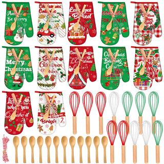 Willinglong Christmas Oven Mitt Bundle, 12 Sets with Spoons and Whisks, Classic Prints