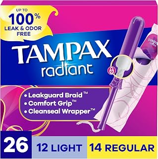 Tampax Radiant Tampons Multipack, with LeakGuard Braid, Light/Regular Absorbency, Unscented, 26 Count, Packaging May Vary