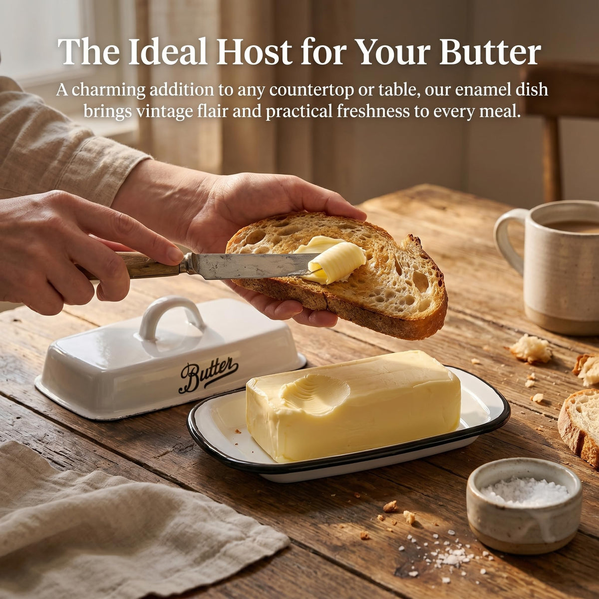 Suwimut Enamel Butter Keeper, White with Black Trim, 7.7 x 4.3 x 2.6 Inches