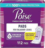 Poise Incontinence & Postpartum Pads for Bladder Leaks, 6 Drop Ultimate Absorbency, Regular Length, 112 Count, Packaging May Vary