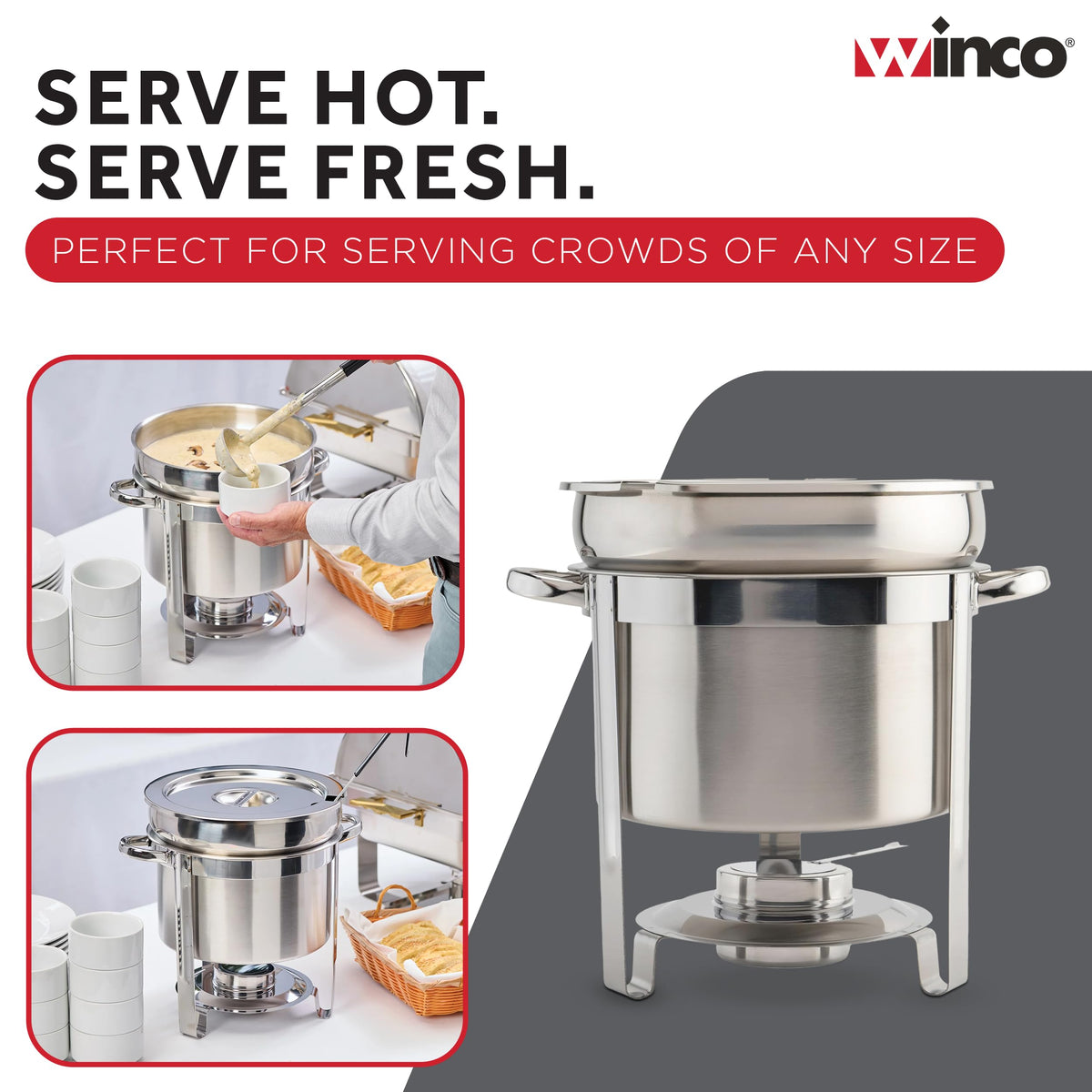 Stainless Steel Marmite Soup Chafer 11qt Round W/ Cover & Fram by Winco – Medium, 11.0 quarts, Stainless Steel