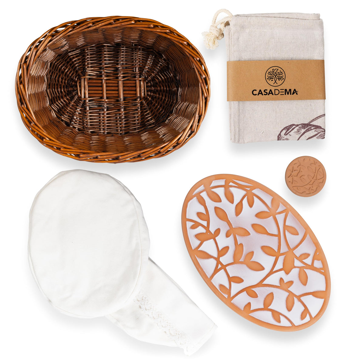 Casadema Bread Basket Set with Terracotta Warmer, Large Oval 12 x 9 Inches, Dark Brown
