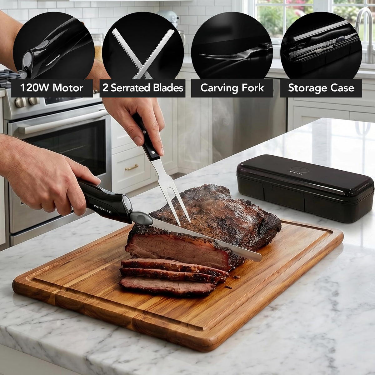 Ovente Electric Knife Set with Two Blades and Carving Fork, Black