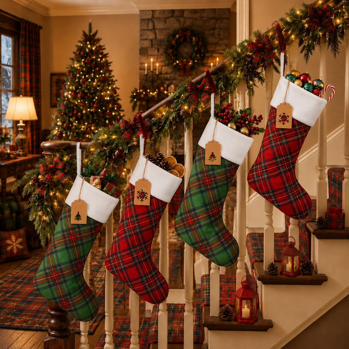 Twistover Christmas Stockings, 18 Inch Tartan Plaid Set of 12, Red Green