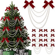 Amyhill 8 Pack Christmas Tree Bow and Pearl Decoration Christmas Tree Garland Set Include Burgundy Velvet Bow and White Pearl Beads Ornaments for Xmas Decor Mantel Stair Railing Indoor Home
