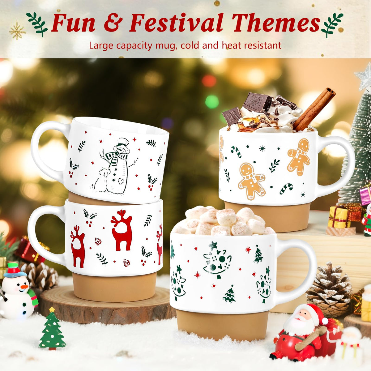 Qiksion Christmas Mugs, 16 Ounce Ceramic Set of 4, Red Green
