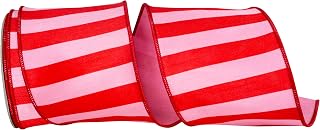 Reliant Ribbon Cabana Striped Dupioni Deluxe Wired Edge, Pink/red, 4 Inch, 10 Yards