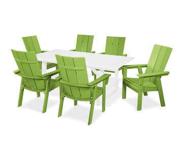 ® Modern Curveback Adirondack 7-Piece Rustic Farmhouse Dining Set in Lime/White by Polywood – Onesize, High Density Polyethylene, Lime / White, Model PWS447-1-10432
