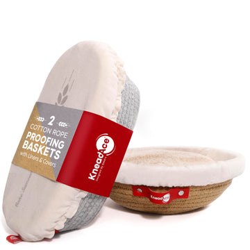 KneadAce Cotton Rope Bread Proofing Basket Set, Oval and Round with Liners and Covers, Grey and Beige