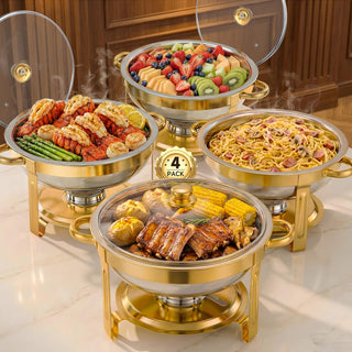 Hetorosu Round Chafing Dish Set, 5 Quart Capacity, Gold 4 Pack