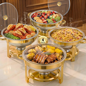 Hetorosu Round Chafing Dish Set, 5 Quart Capacity, Gold 4 Pack