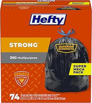 Hefty Strong 30 Gallon Trash Bags with Drawstrings, Black, Unscented, 74ct