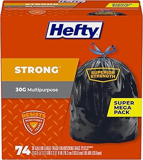 Hefty Strong 30 Gallon Trash Bags with Drawstrings, Black, Unscented, 74ct