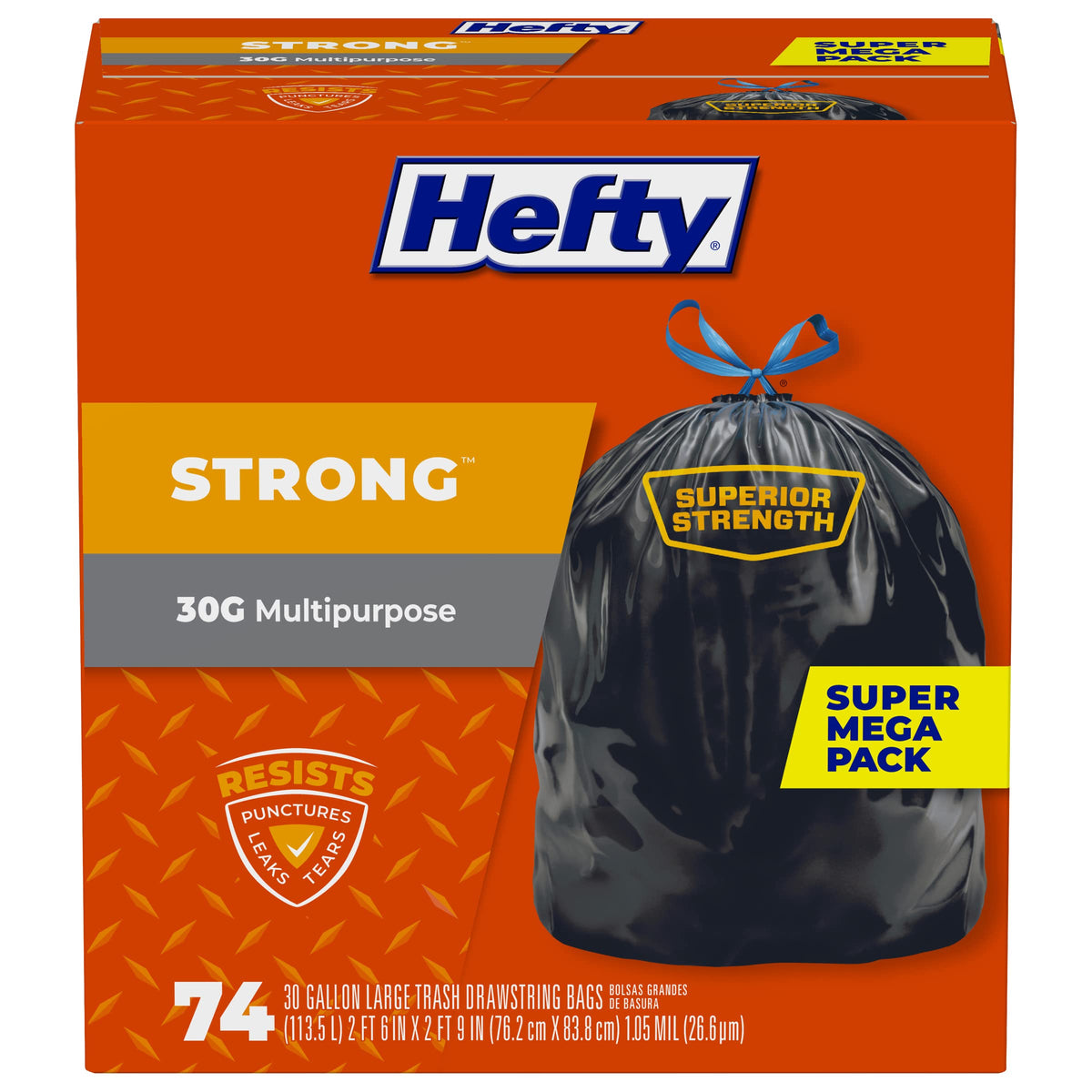 Strong 30 Gallon Trash Bags with Drawstrings by Hefty – 74 Count (Pack of 1), 30.0 gallons, Plastic, Black, Model E85274