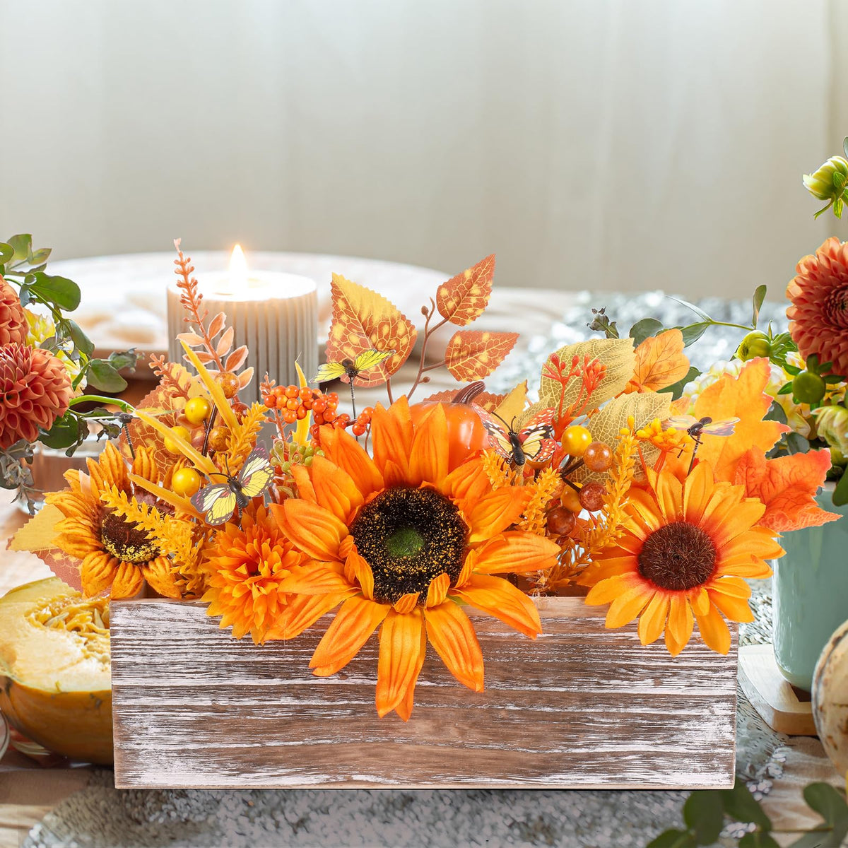 Dlerom Artificial Fall Arrangement, Wooden Crate Centerpiece, Orange