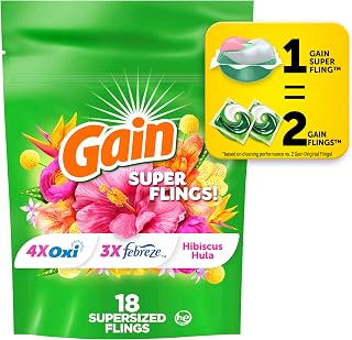 Gain Super Flings Laundry Detergent Pacs, 18 Count, Hibiscus Hula scent, irresistibly clean and fresh washing detergent laundry soap pacs