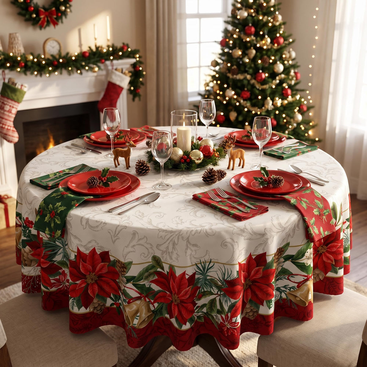 Woaoce Poinsettia Tablecloth, 70 Inch Round, Christmas Border
