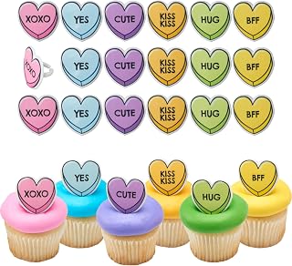 DecoPac Candy Heart Rings, 24 Cupcake Decorations For Valentine's Day, Wedding, Anniversary, Food Safe Cake Toppers - 24 Pack
