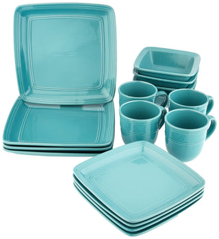 Madelyn Square Dinnerware Set by American Atelier – Unique Gift Idea 10.5x10.5", Stoneware, Turquoise, Pack of 16, Model 6524-16-RB