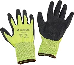 Global Industrial Crinkle Latex Coated Gloves, Large, Hi-Viz Lime/Black, Lot of 12