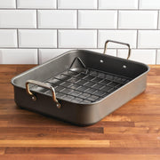 Rachael Ray Steel Roasting Pan with Rack, 16.5 x 13.5 Inch, Gray