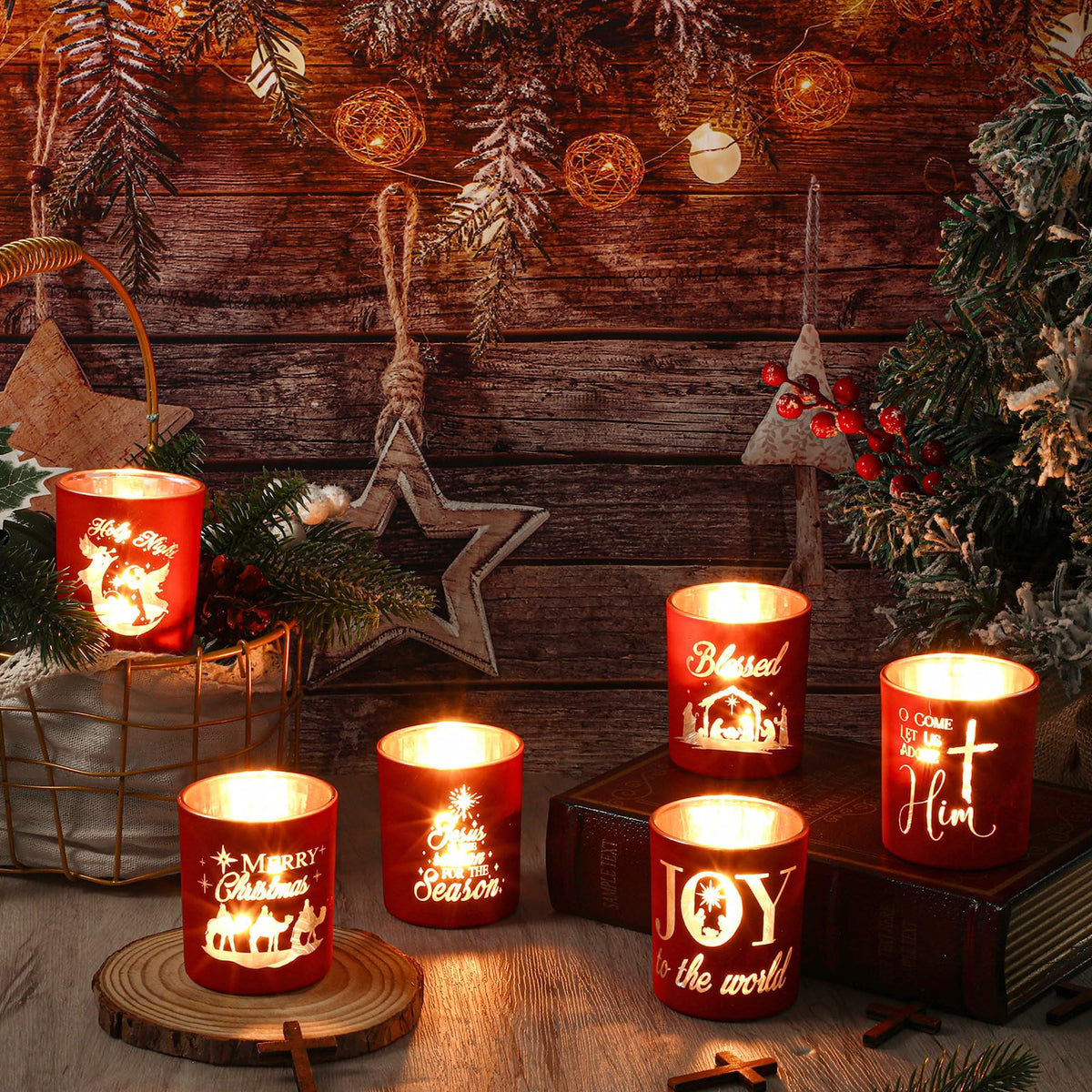 Mumufy Nativity Votive Candle Holders, Set of 6 with 10 Candles, Red Glass