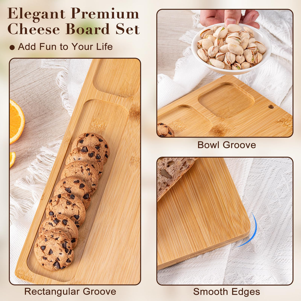 Aisoso Charcuterie Board Set, Bamboo with 4 Knives, Natural