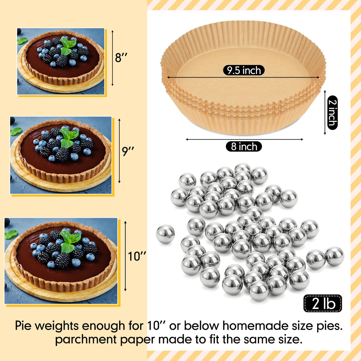 Patelai Pie Weights and Liners Set, 2 lb Stainless Steel Beads with 50 Parchment Papers, Silver