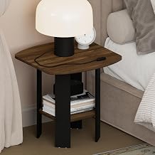 Furinno TIDUR Night Stand, 2-Tier Open Shelf Design Nightstand with Storage, Round Corner Bedside Table, End Table, Side Table, for Bedroom, Closet, Dorm, Columbia Walnut