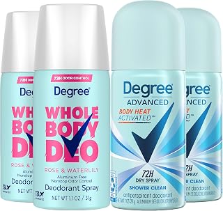 Degree Travel Deodorant Sprays Variety 4-Pack – Whole Body Spray, Rose & Waterlily + Antiperspirant Deodorant Dry Spray, Shower Clean, 72H Odor Control