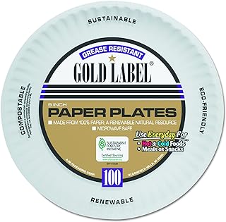 AJM Packaging CP9GOAWH Gold Label White Coated Paper Plate, 9" Diameter (12 Packs of 100)