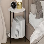 Furinno BESI Night Stand, 2-Tier Tall Round Nightstand, Metal Frame Narrow End Table with Open Shelf, Side Table, Bedside Table, for Bedroom, Closet, Dorm, White