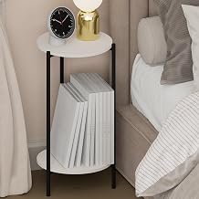 Furinno BESI Night Stand, 2-Tier Tall Round Nightstand, Metal Frame Narrow End Table with Open Shelf, Side Table, Bedside Table, for Bedroom, Closet, Dorm, White