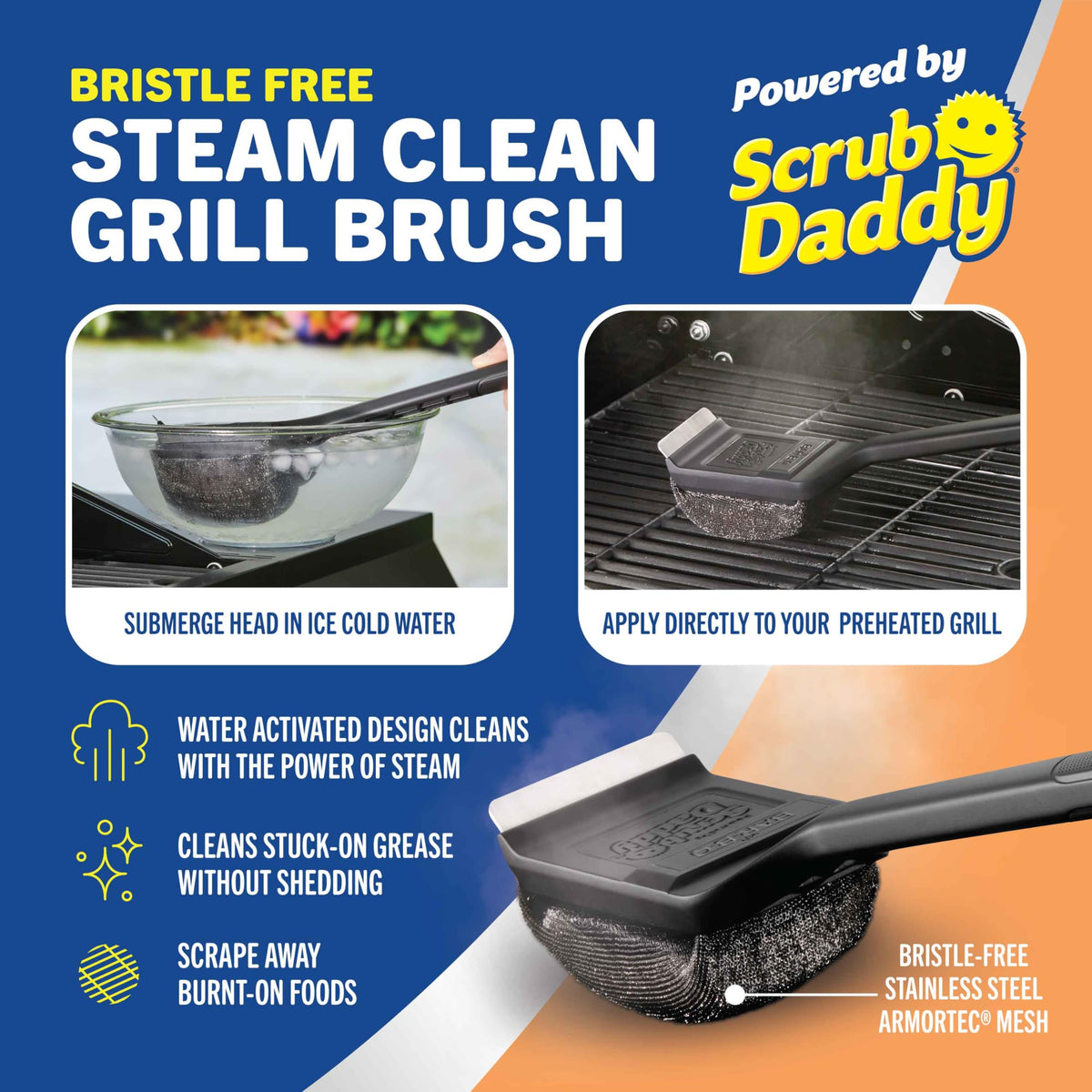 Steam Clean Bristle Free Grill Brush Powered by Scrub Daddy by Mr. Bar-B-Q – Stainless Steel, Black, Model 77101AMZSD