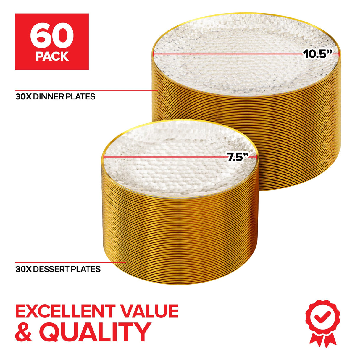 Clear Disposable Plates with Gold Rim (60 Pack) Elegant Hammered Party Plates by Stock Your Home – 60 Pack, Plastic, Clear and Gold, Pack of 60, Model SYH-4500-QV-2CT