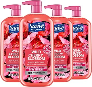 Suave Essentials Gentle Body Wash Wild Cherry Blossom With a Floral Oil Blend Essence Infused with Vitamin E & Cherry Blossom Extract 30 oz, 4 count