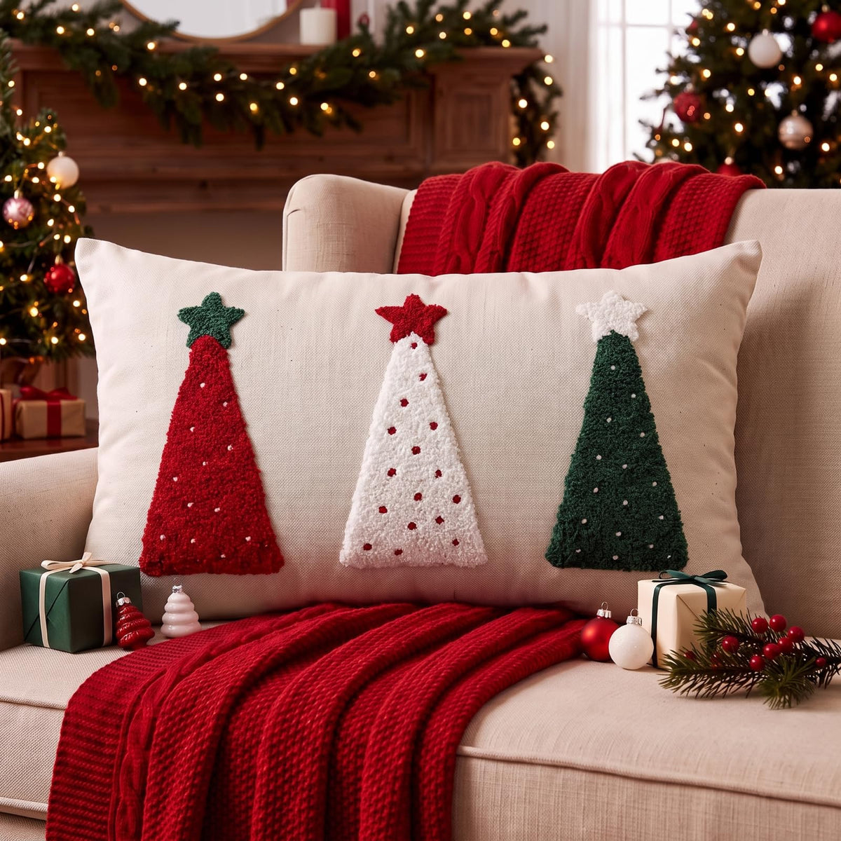 Boao Christmas Lumbar Pillow Cover, 12 x 20 Inches, Red White Green Tree Design