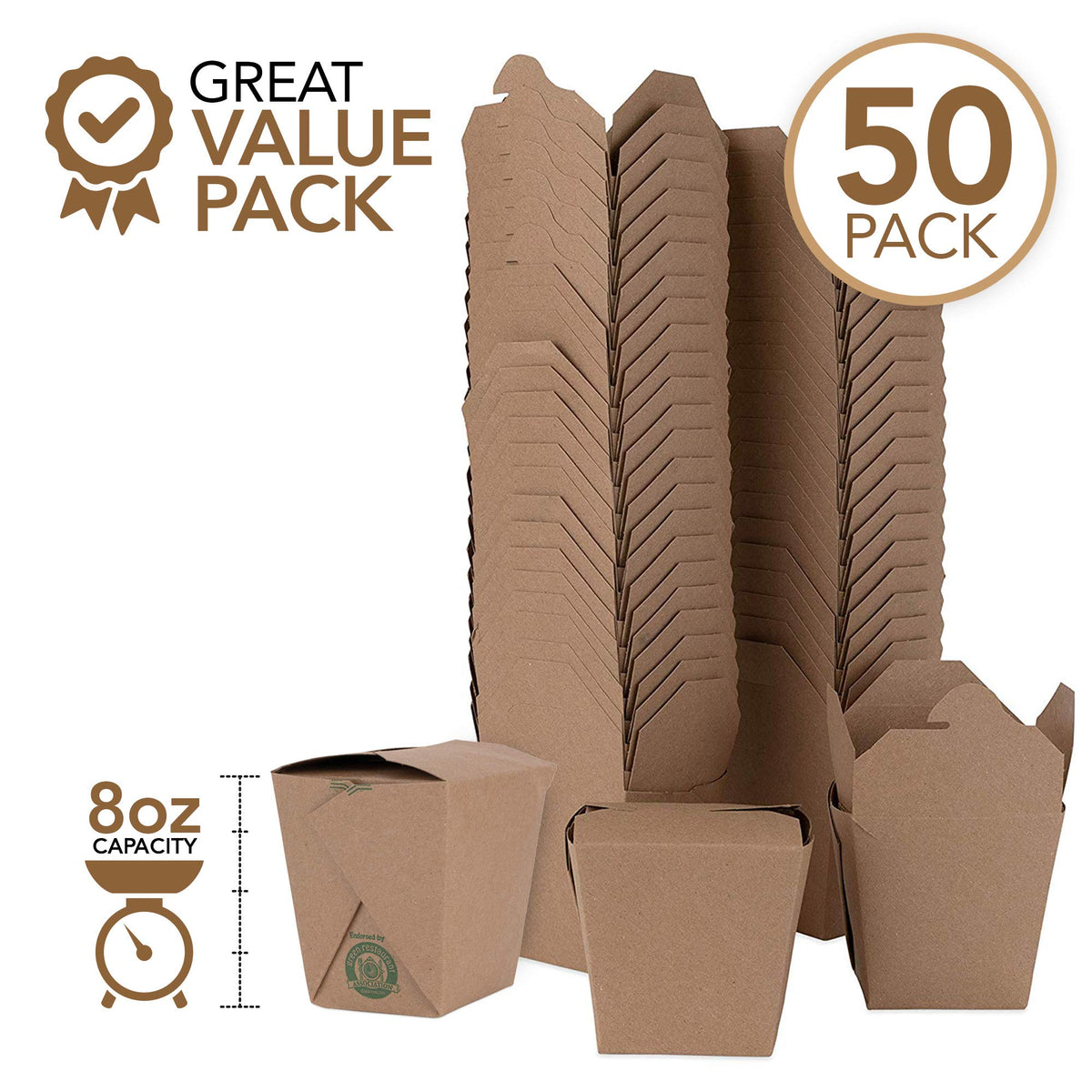 Takeout Food Containers 8 Oz Microwaveable Kraft Brown Paper Mini Chinese Take Out Box (50 Pack) Leak and Grease Resistant Stackable To Go Boxes - Recyclable Food Containers