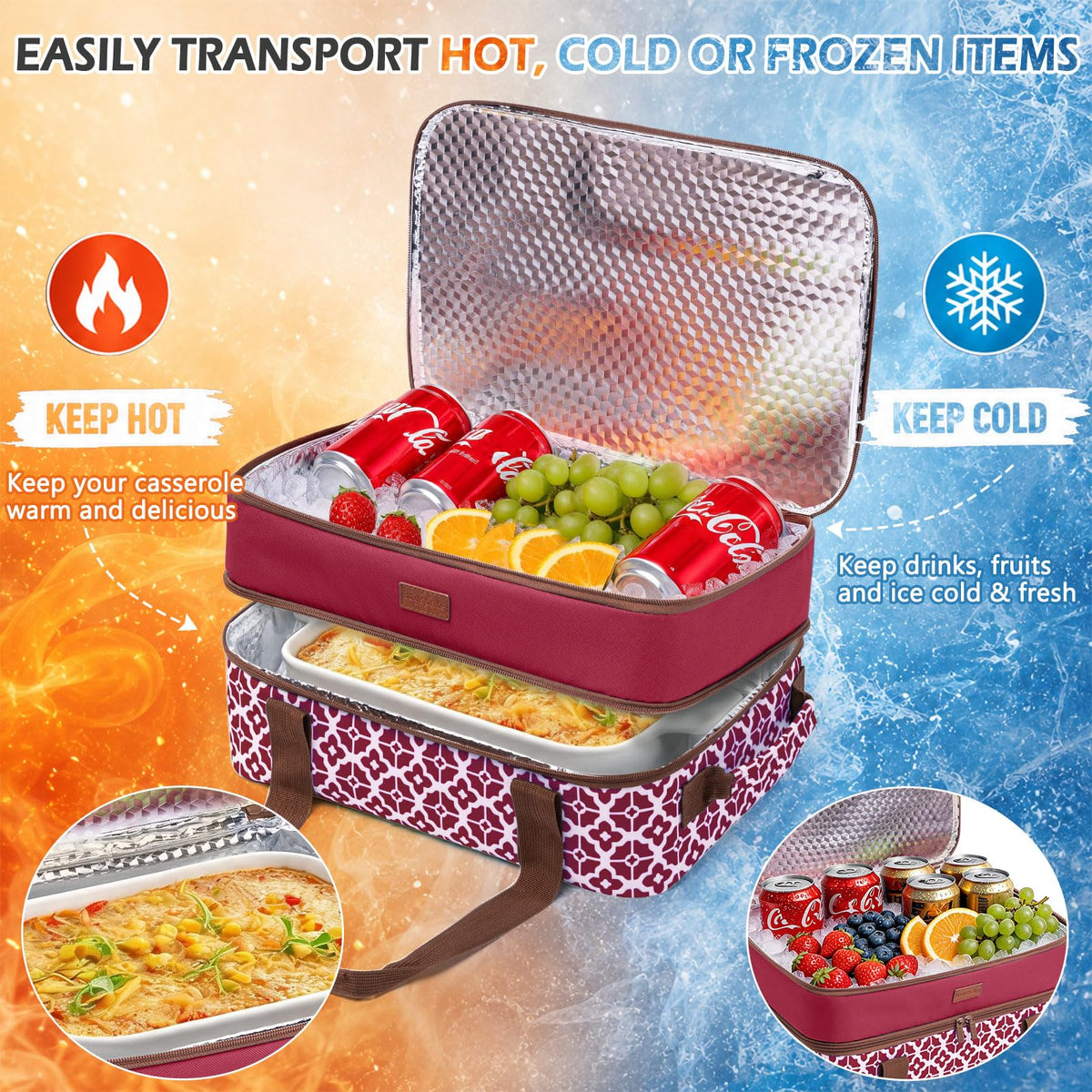 Bagsprite Double Layer Casserole Carrier, Fits 9 x 13 Inch Dishes, Cranberry