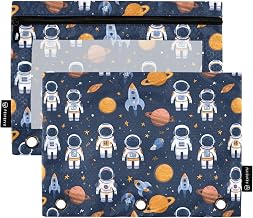 Cartoon Spaceman Blue Pencil Pouch for 3 Ring Binder Pencil Bag with Zipper 2 Pack Pencil Case Waterproof with Clear Window for School Office Supplies
