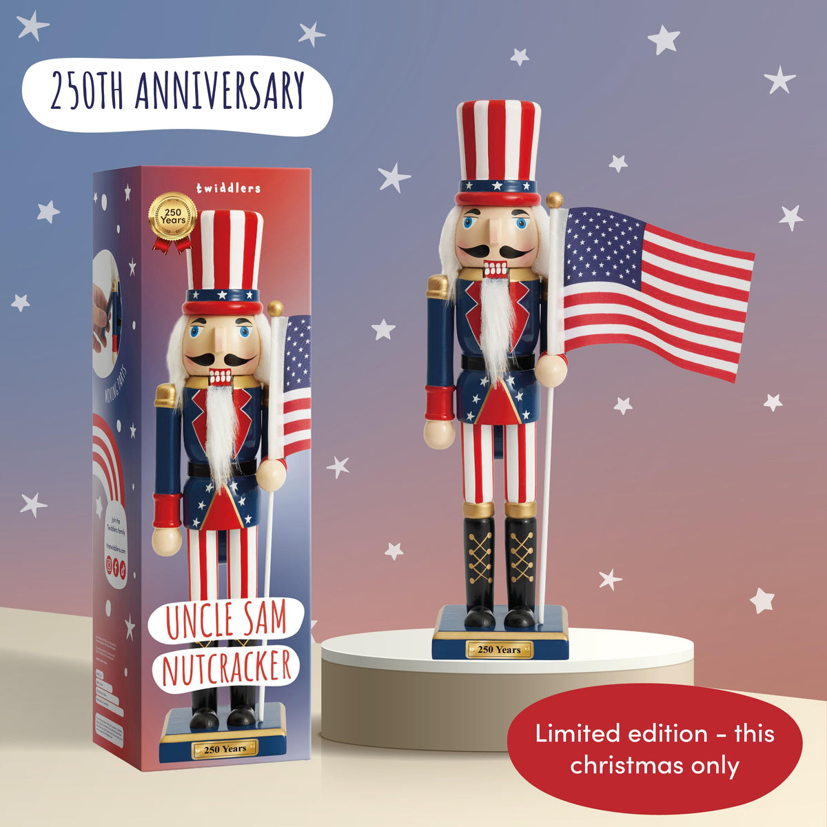 The Twiddlers Wooden Nutcracker, 12 Inch, Uncle Sam 250th Anniversary