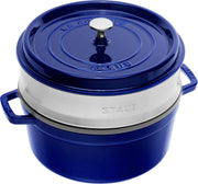 Cocotte with Steamer Round 26cm Dark Blue by STAUB – 31 x 29 x 18 cm, 5.2 liters, Cast Iron, Blue, Model 1133891