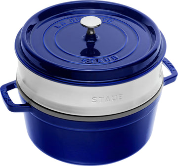 Cocotte with Steamer Round 26cm Dark Blue by STAUB – 31 x 29 x 18 cm, 5.2 liters, Cast Iron, Blue, Model 1133891