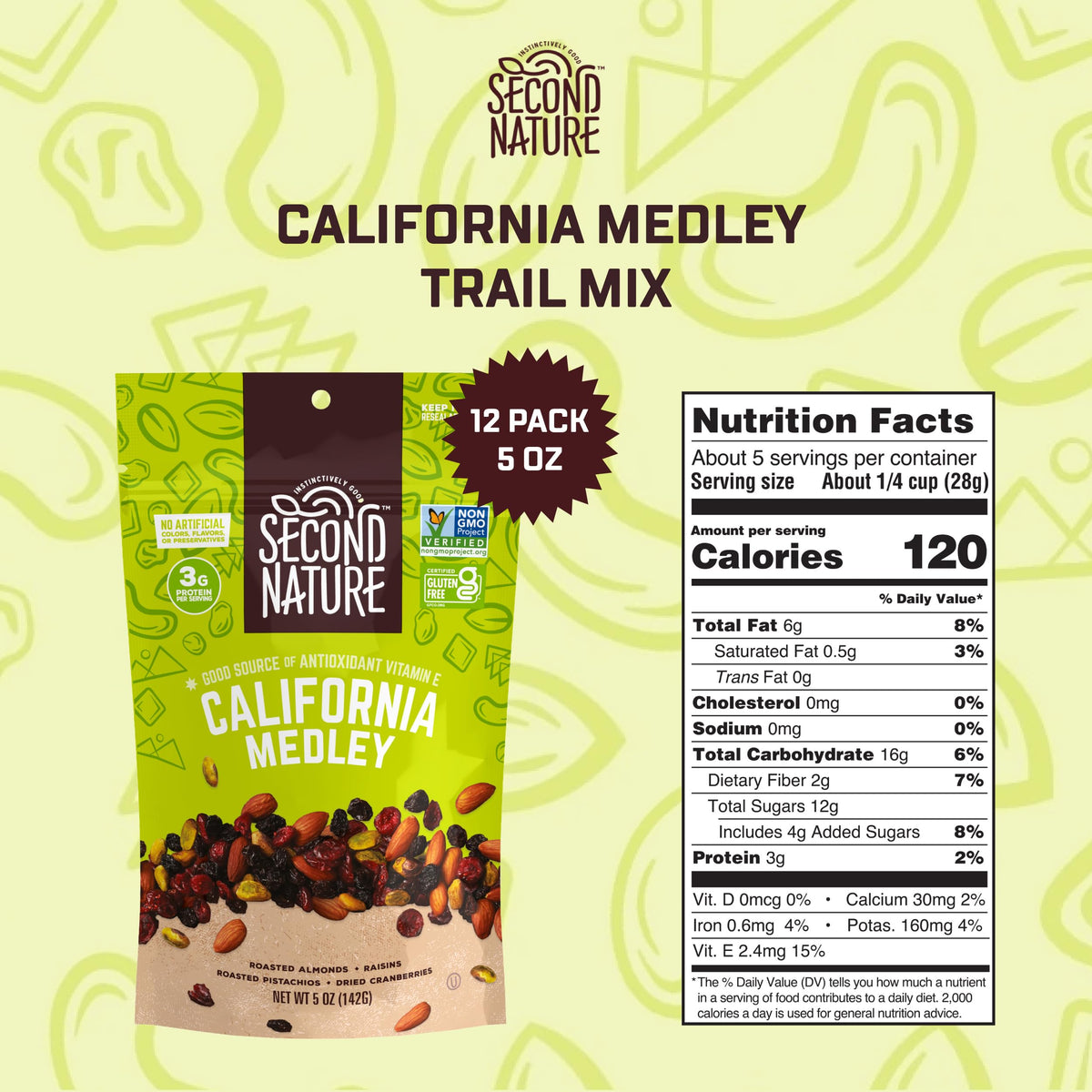 Second Nature California Medley / 5 Ounce (Pack of 12) / Small Pouch Snack & Trail Mixes
